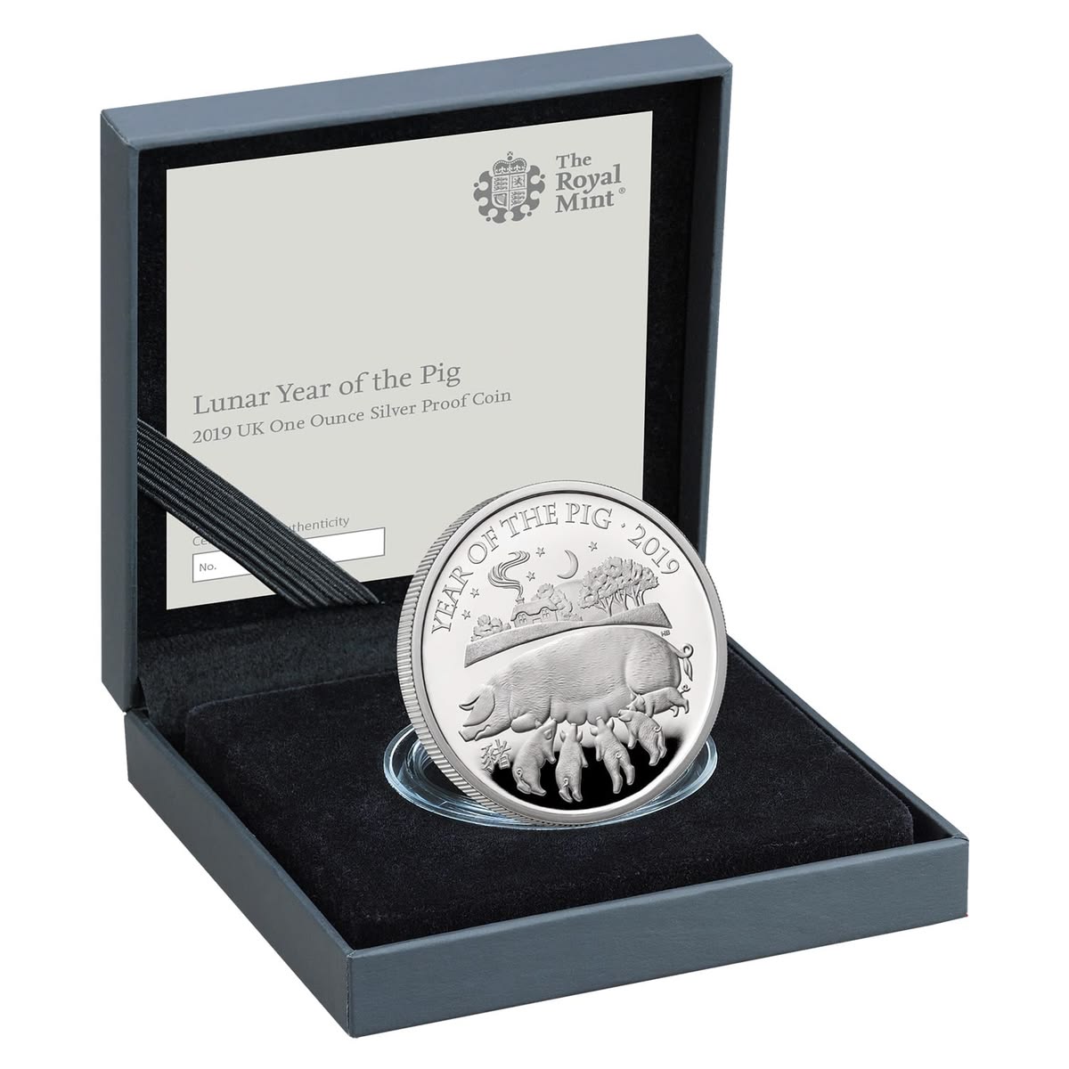 Lunar Year of the Pig silver proof coin in a presentation case