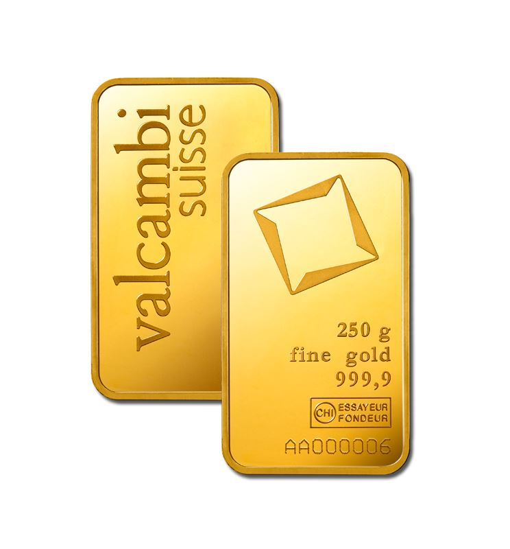 Valcambi 250g Gold Bar — front and back views